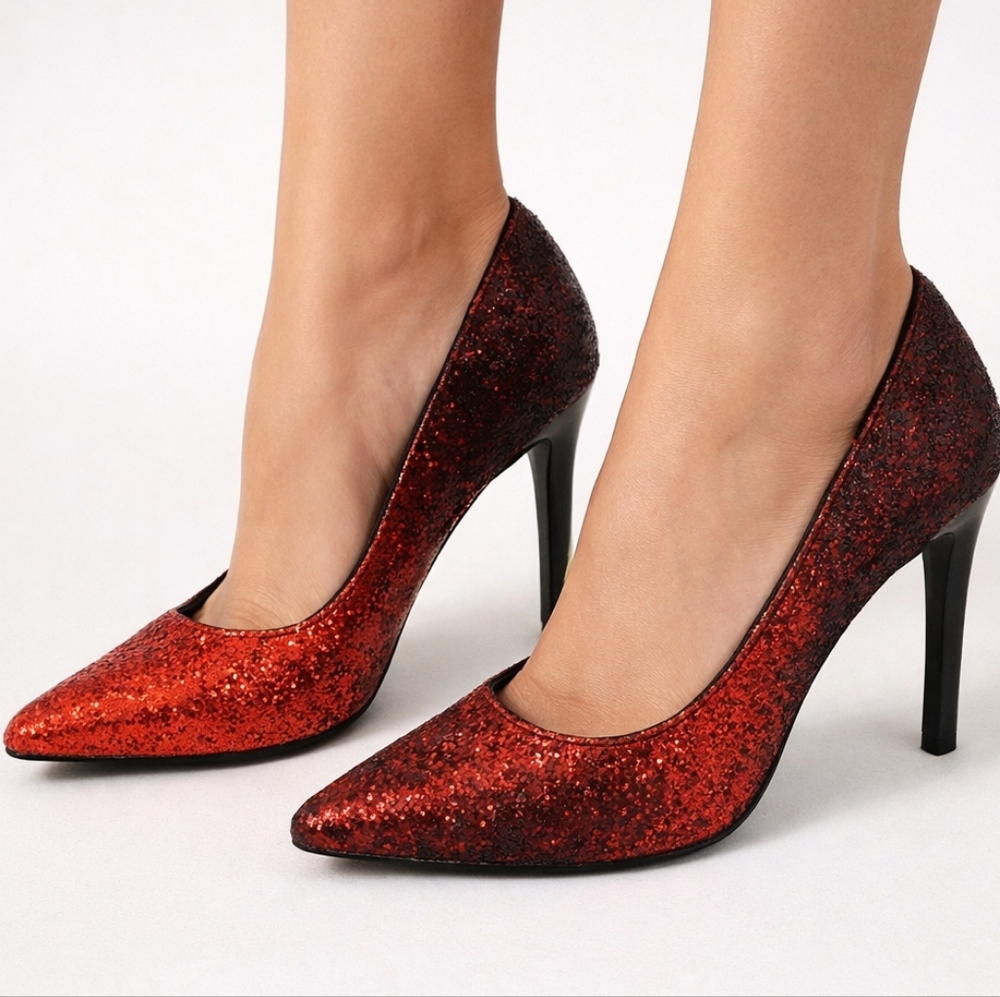 FIONI Clothing Red Glitter Pointed Toe High Heels